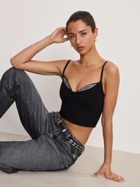 Good American Black Rhinestone-Trim Cami Crop NWT